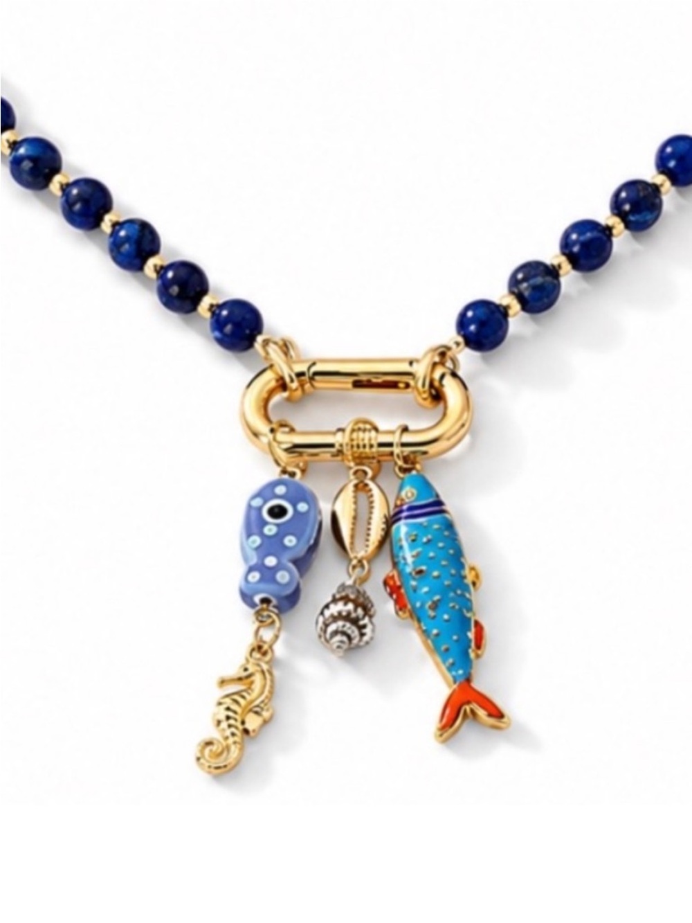 New! Coastal Blue Beaded Fish Gold Carabiner Necklace NWOT (2014) - Picture 2 of 3
